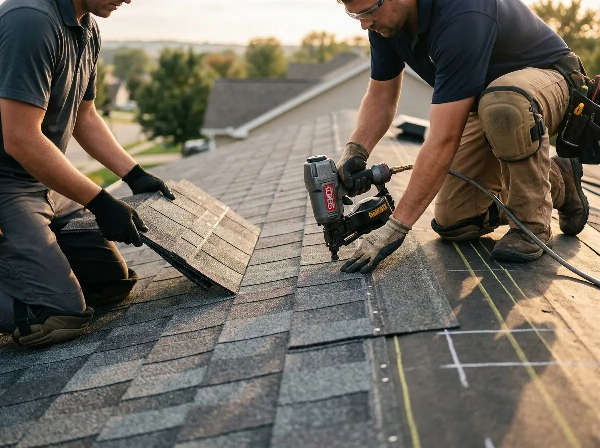 Professional roofer working on a residential roof in Steilacoom